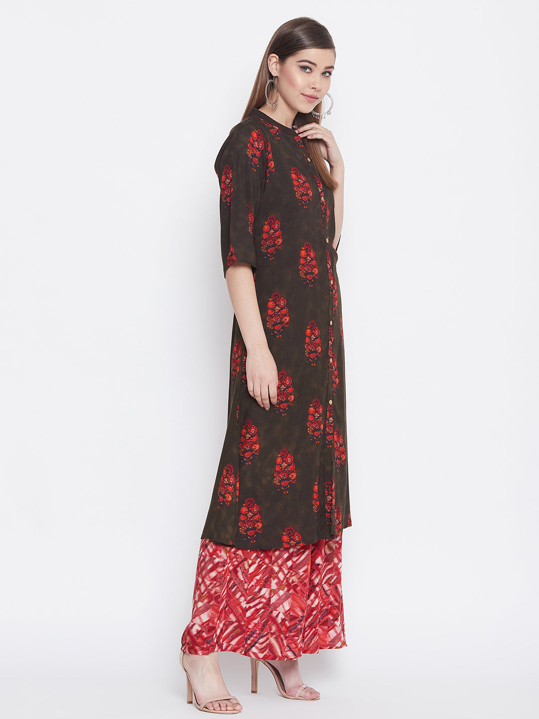 Printed Livid Brown and Red Kurti with Palazzo