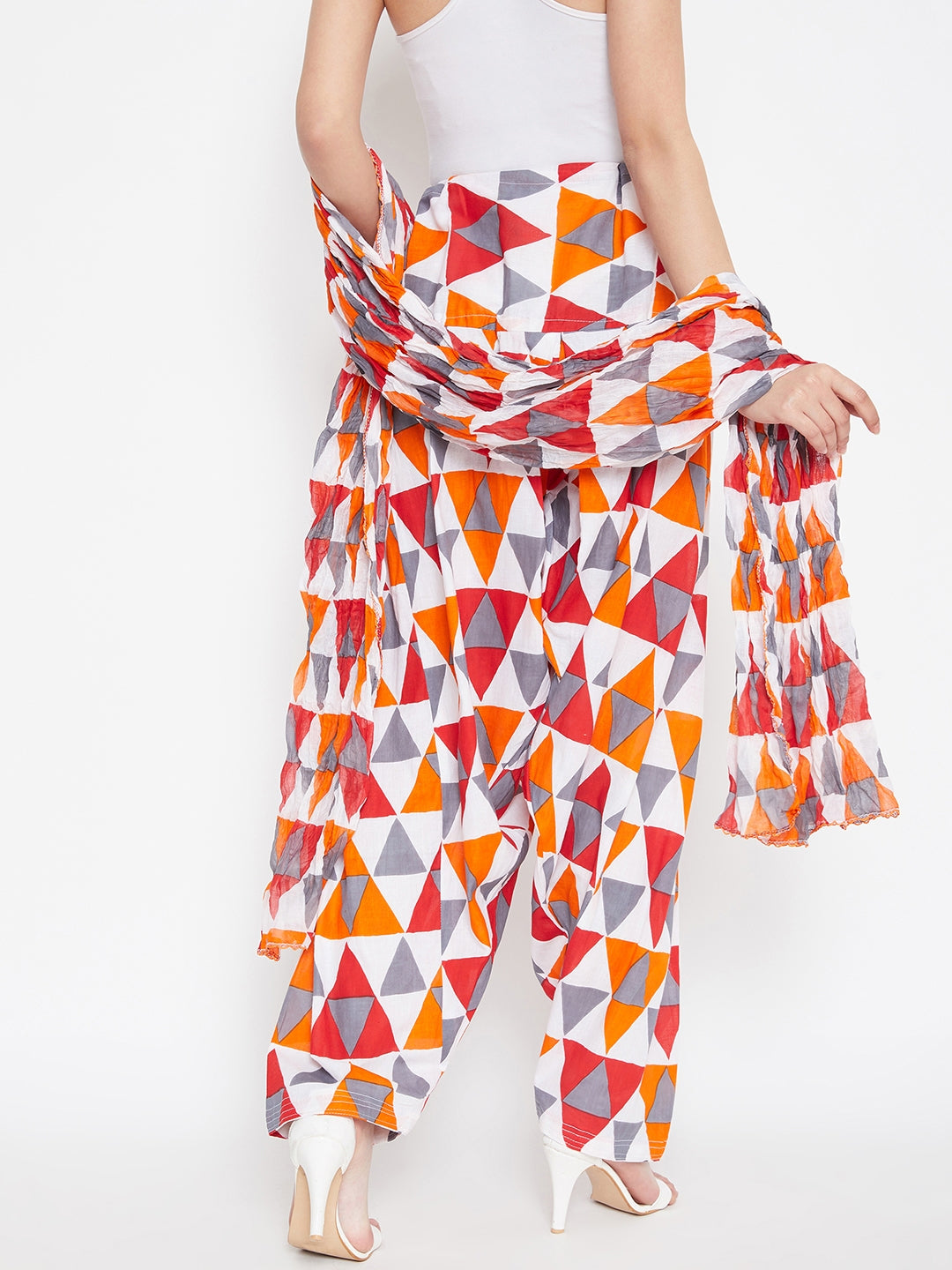 Multicolour Geometric Pattern Printed Cotton Patiala with Dupatta