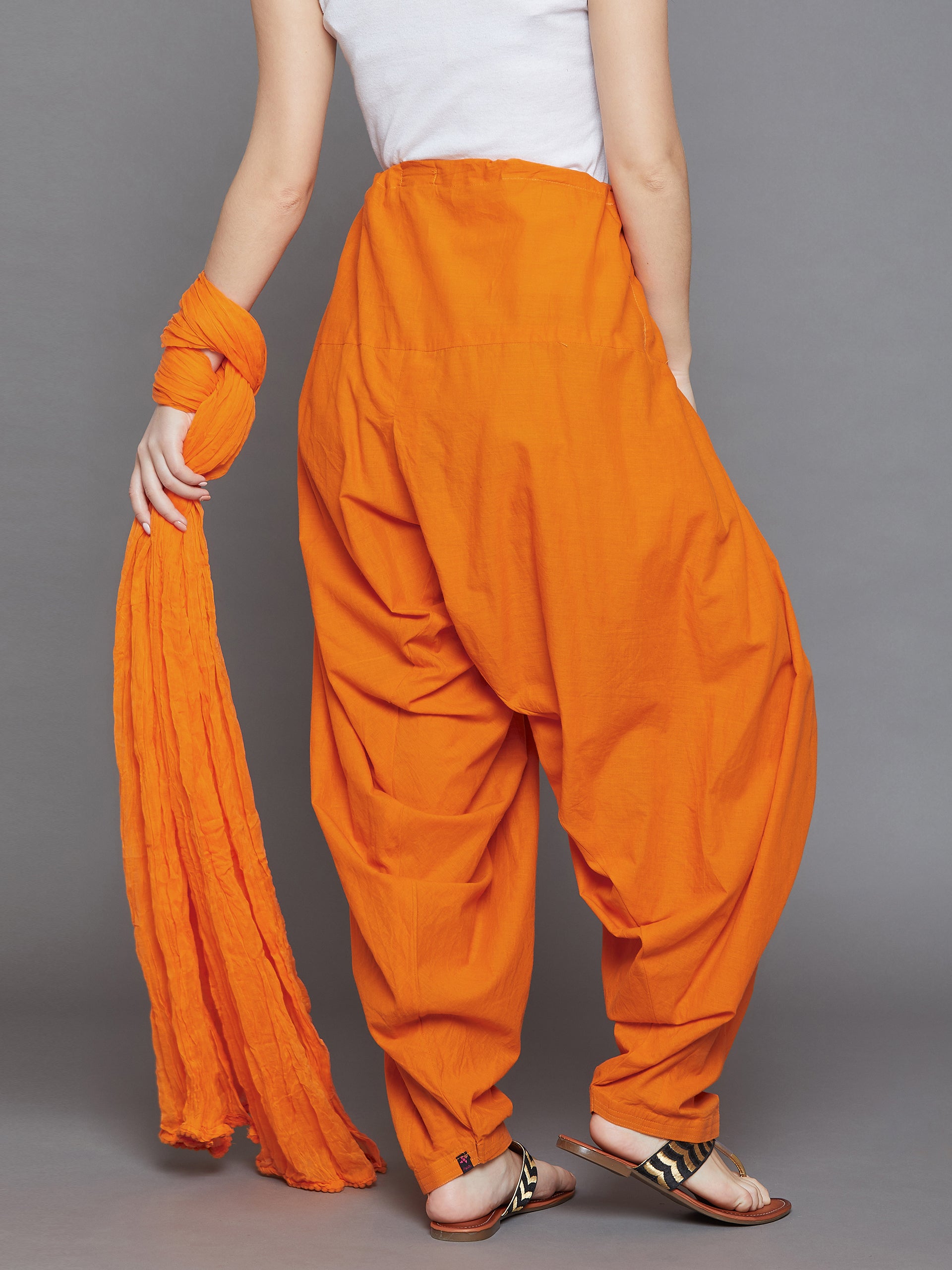 Orange Cotton Plain Patiala with Dupatta