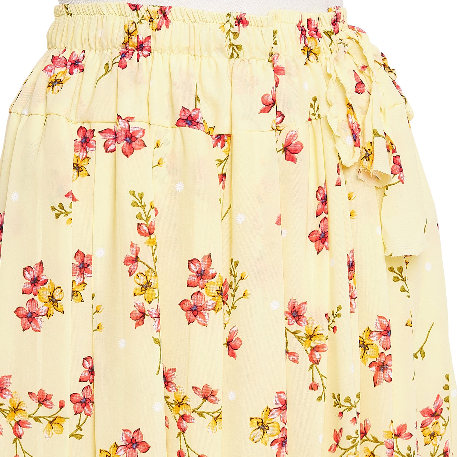 Yellow Peachy Floral Pleat Skirt