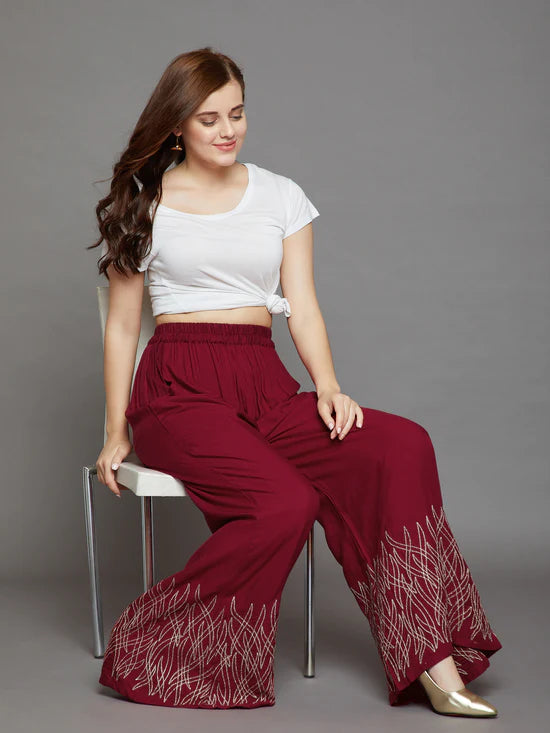 Navy Blue Embroidery Palazzo L DarkRed