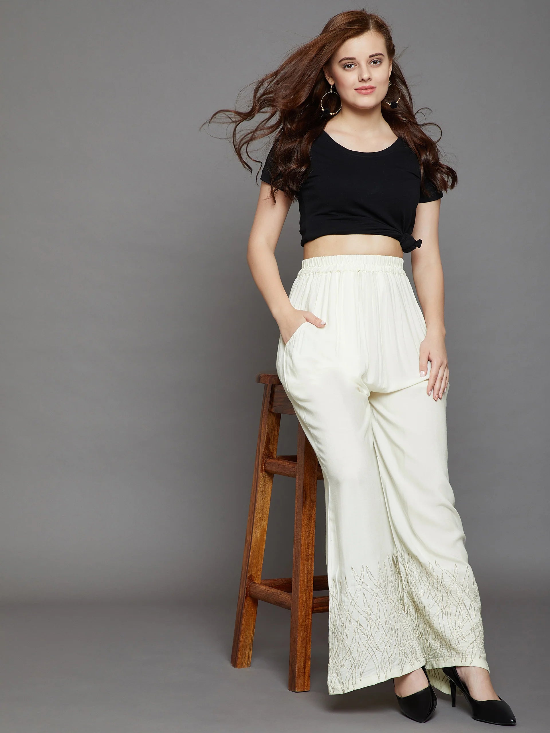 Jet Black Embroidery Palazzo L Ivory