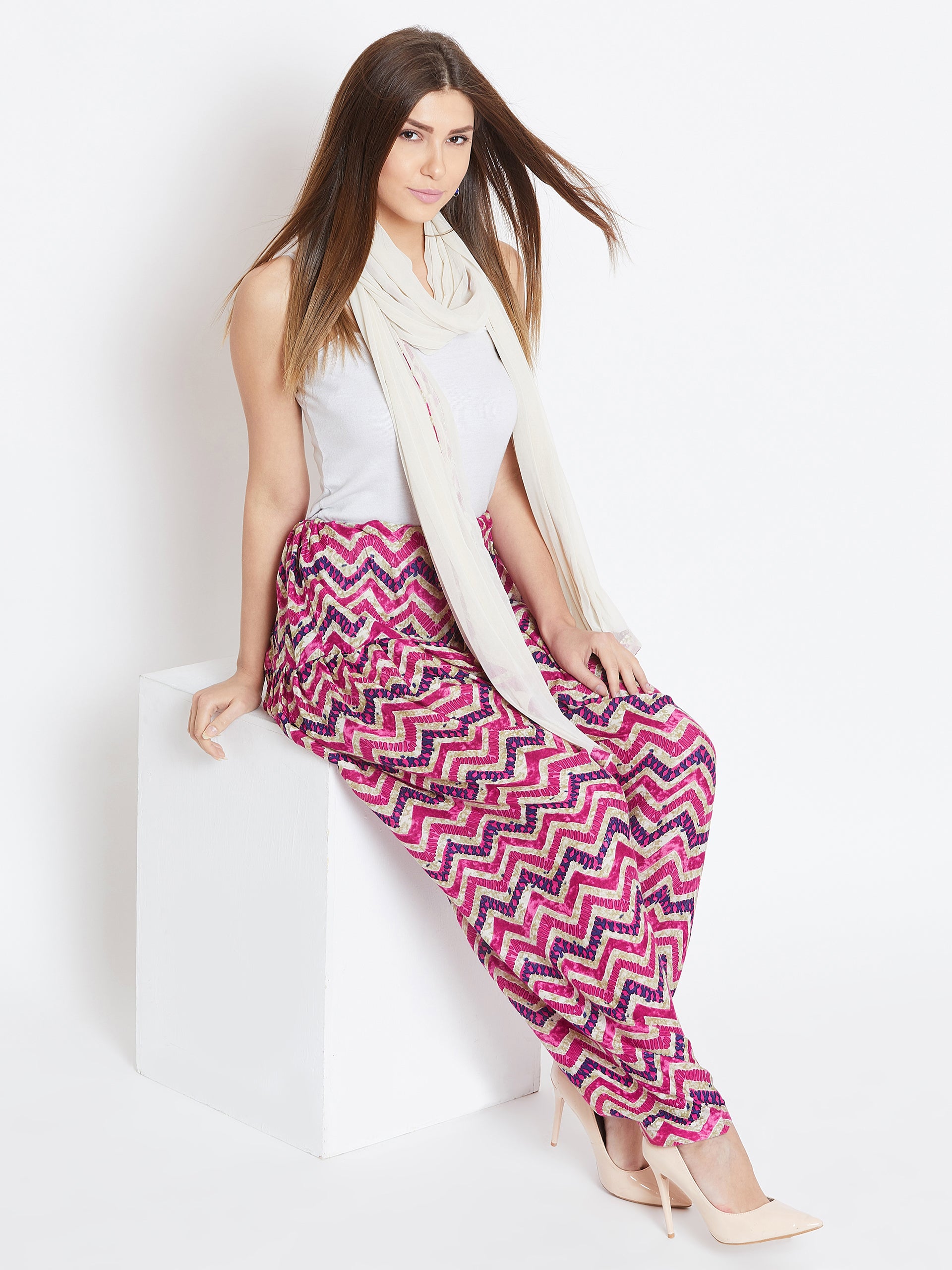 Pink and Navy Blue Chevron Printed Rayon Patiala with Dupatta