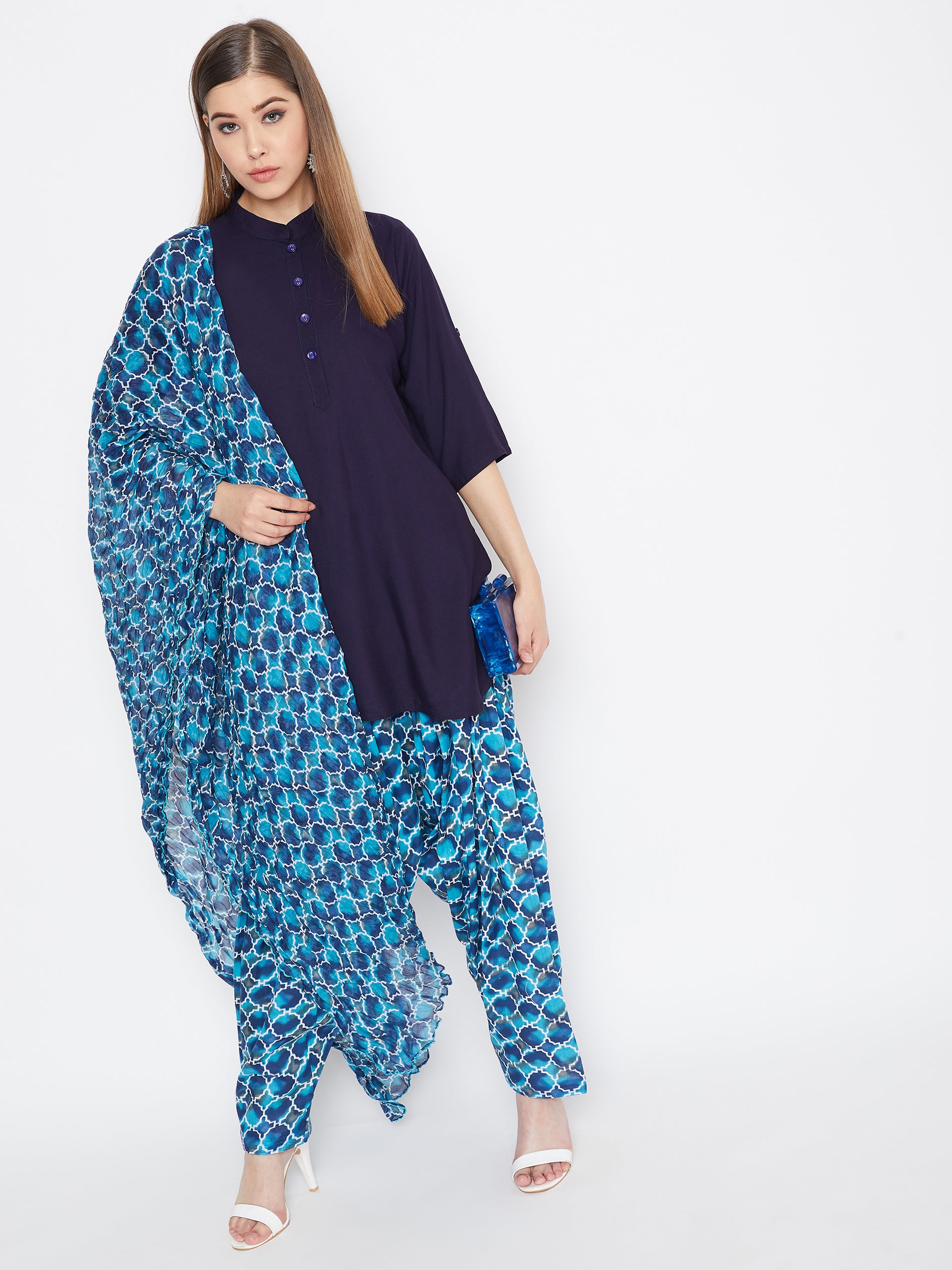 Blue Agate Printed Cotton Patiala with Dupatta