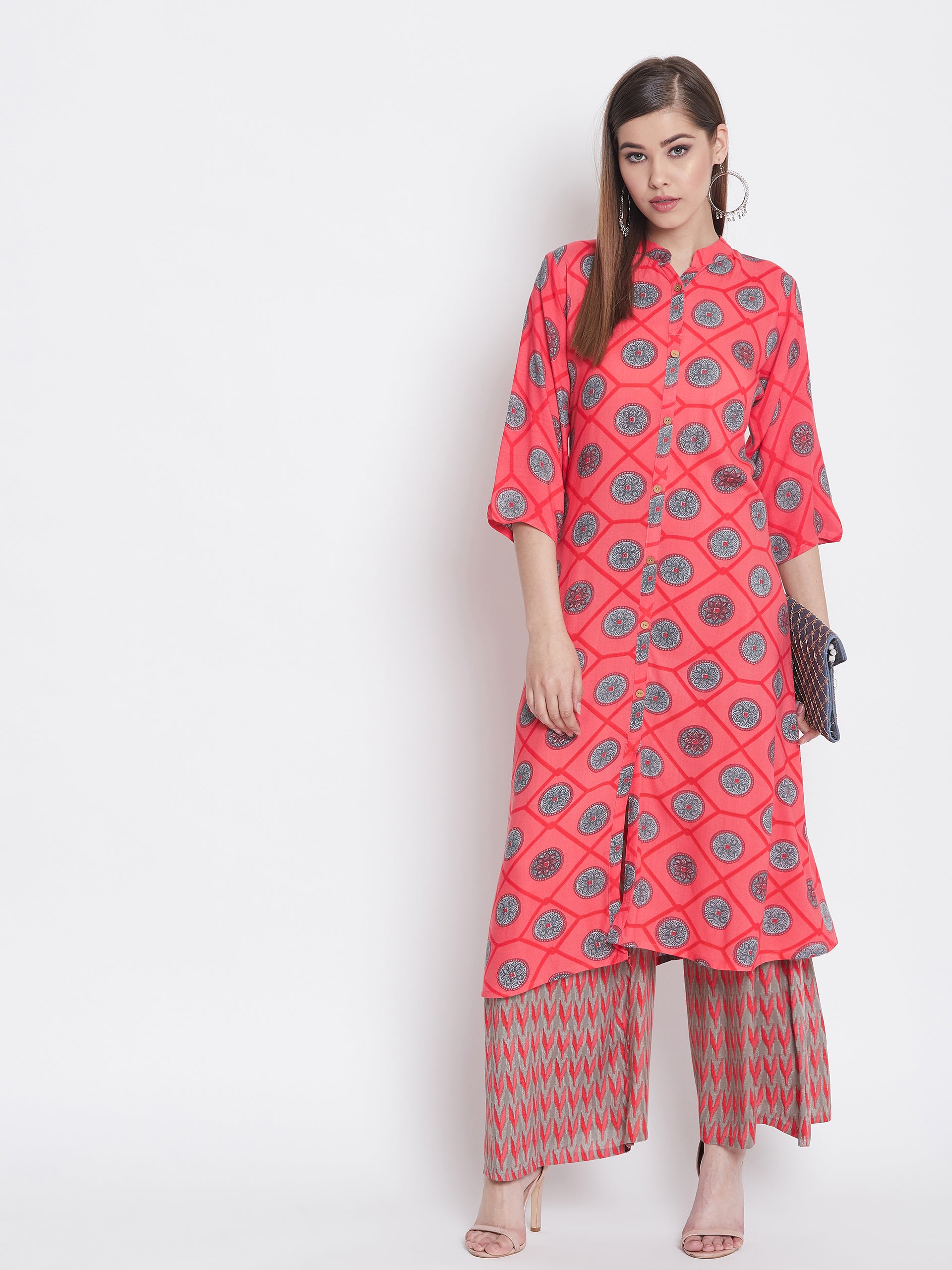 Traditional Printed Coral Kurti with Palazzo