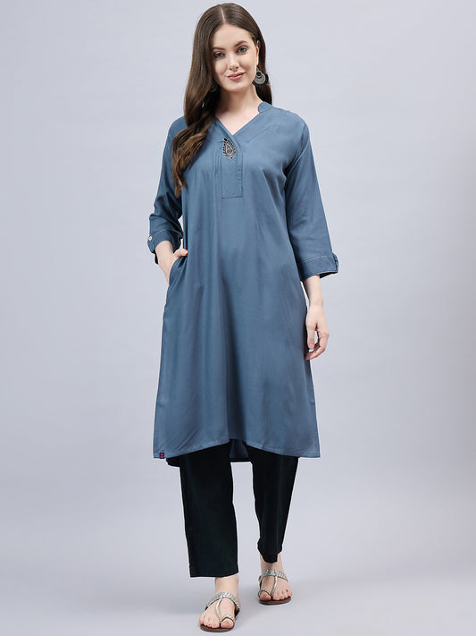 Dark Grey V-Neck Straight Fit Rayon Kurti