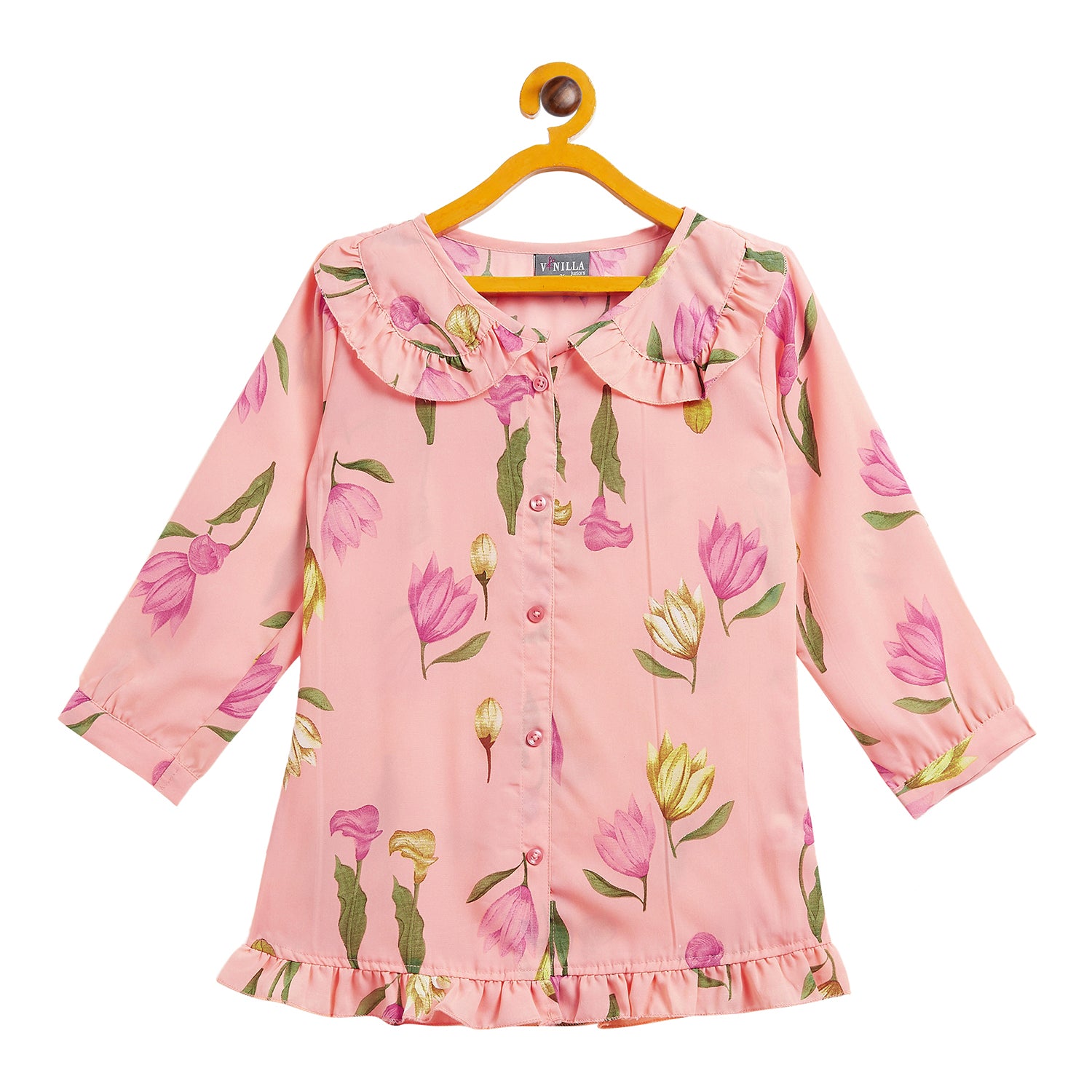 Kids Top Floral Printed Collar Pattern - Peach