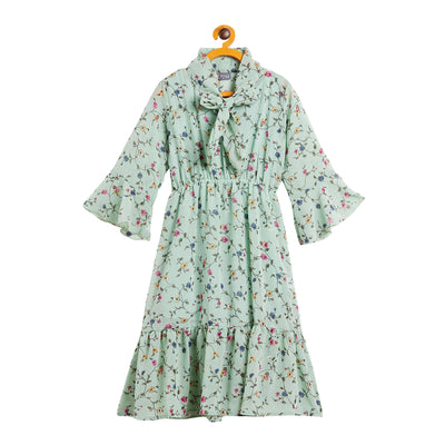 Kids Light Green Dye Dress with Floral Pattern