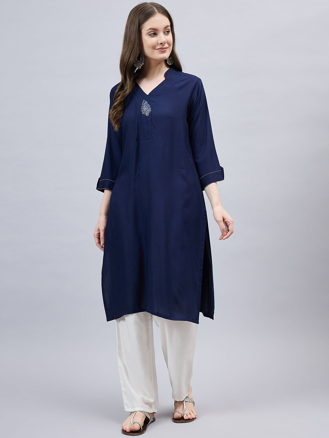 Navy Blue V-Neck Straight Fit Rayon Kurti