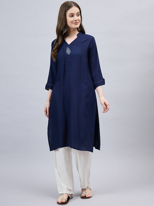 Navy Blue V-Neck Straight Fit Rayon Kurti