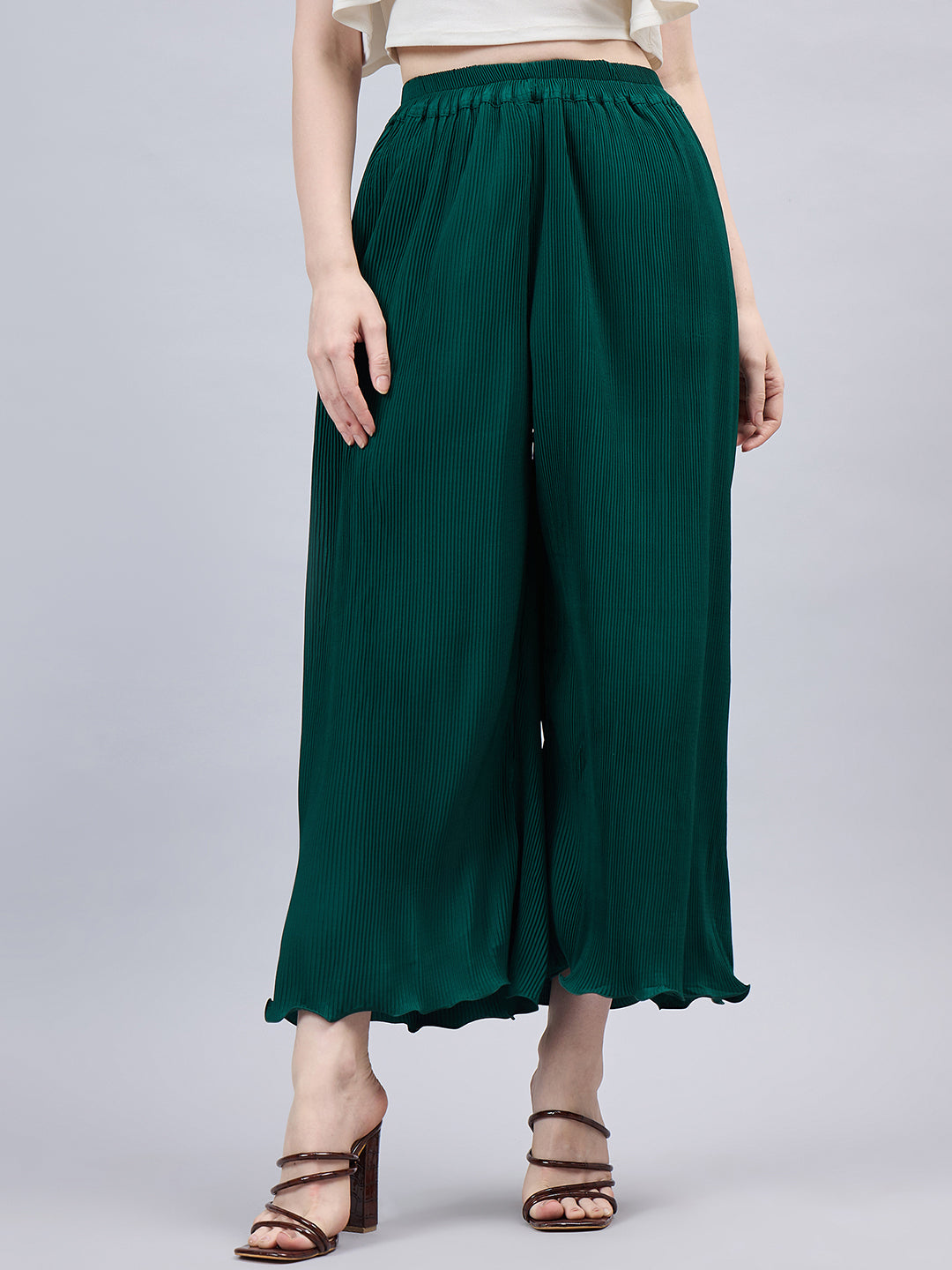 Bottle Green Pleated Chiffon Palazzo One size