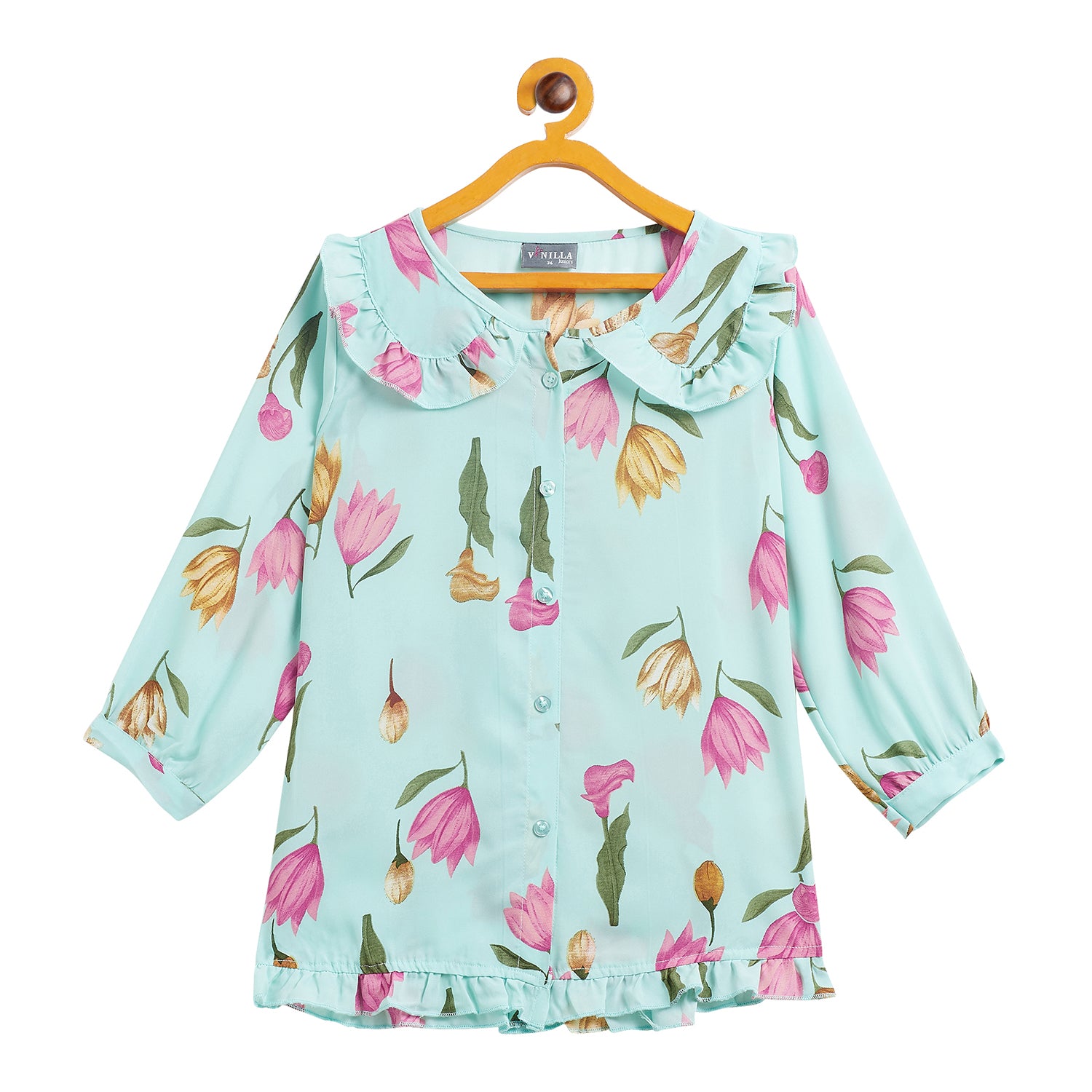 Kids Top Floral Printed Collar Pattern - Sea Green