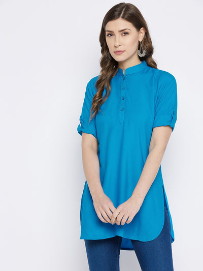 Sky Blue Solid Coloured Short Kurti - 32" Length M