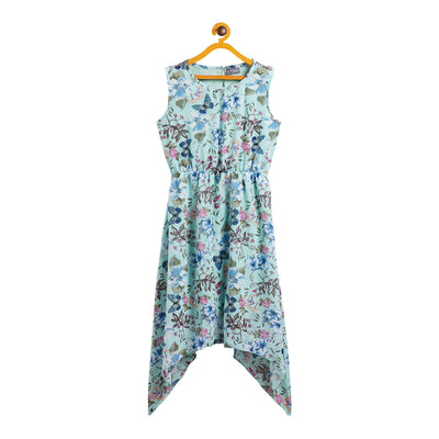 Kids Green Designer Dress with Floral Pattern