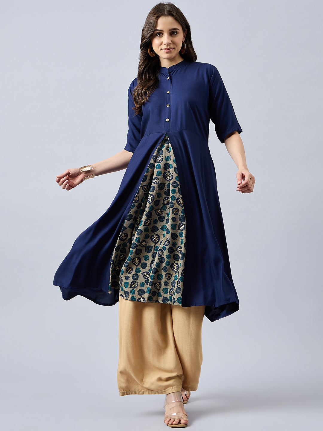 Women Mandarin Collar Anarkali Panelled Rayon Kurta