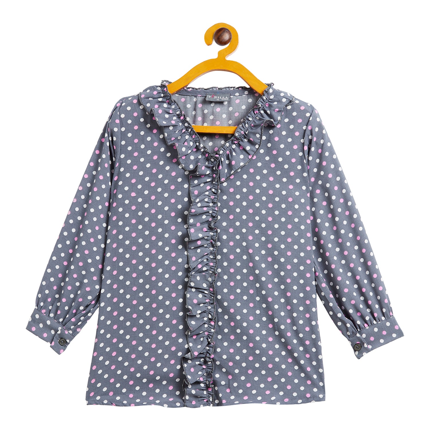 Kids Top with Pink dot Pattern - Grey