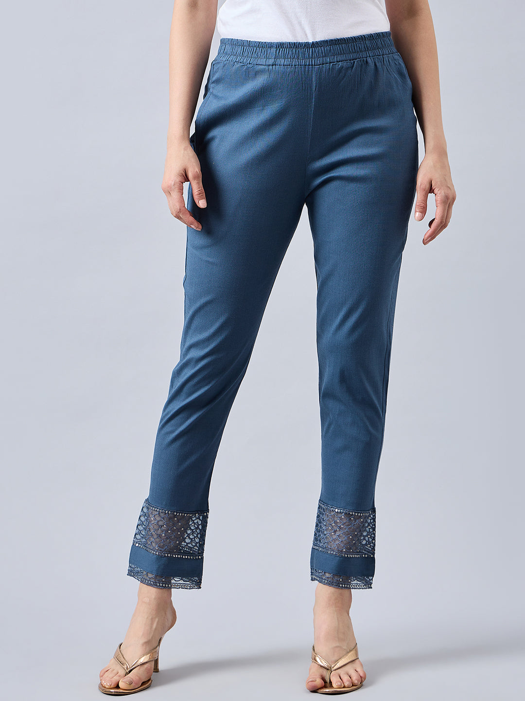 Grey Embroidery Cotton Lycra Pants