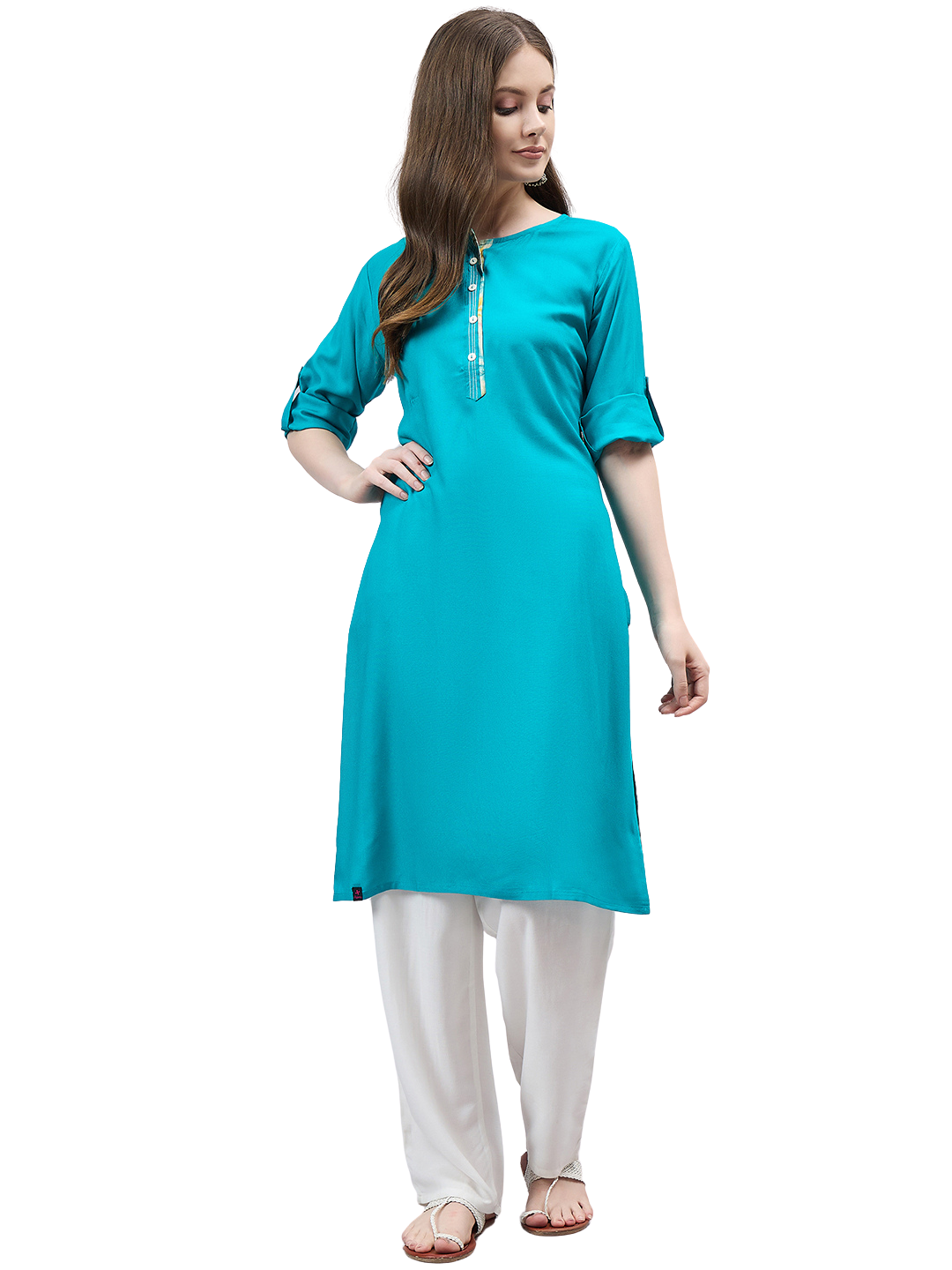 Turquoise Round Neck Straight Fit Rayon Kurti