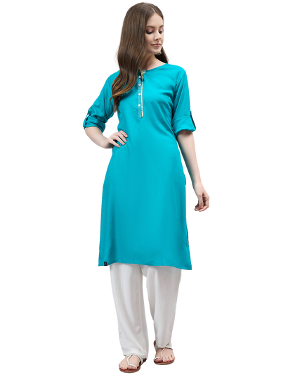 Turquoise Round Neck Straight Fit Rayon Kurti