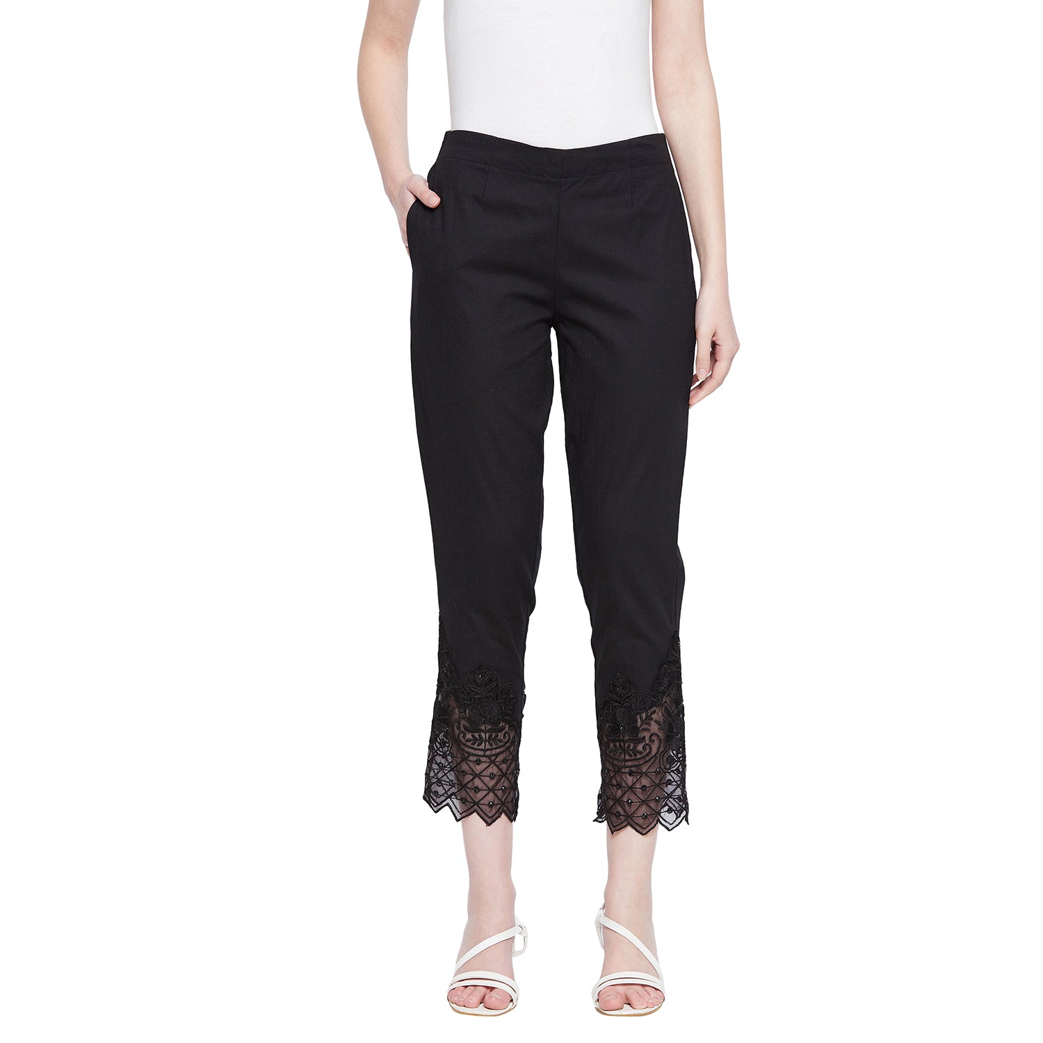 Black Embroidery Lace Cotton Lycra Pants