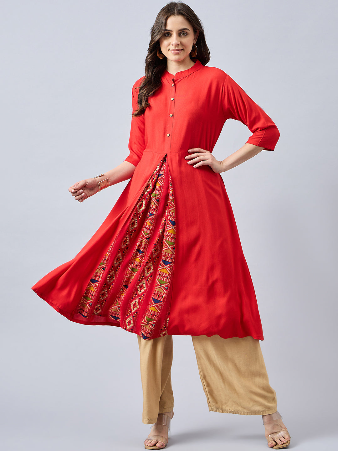 Women Mandarin Collar Anarkali Panelled Rayon Kurta