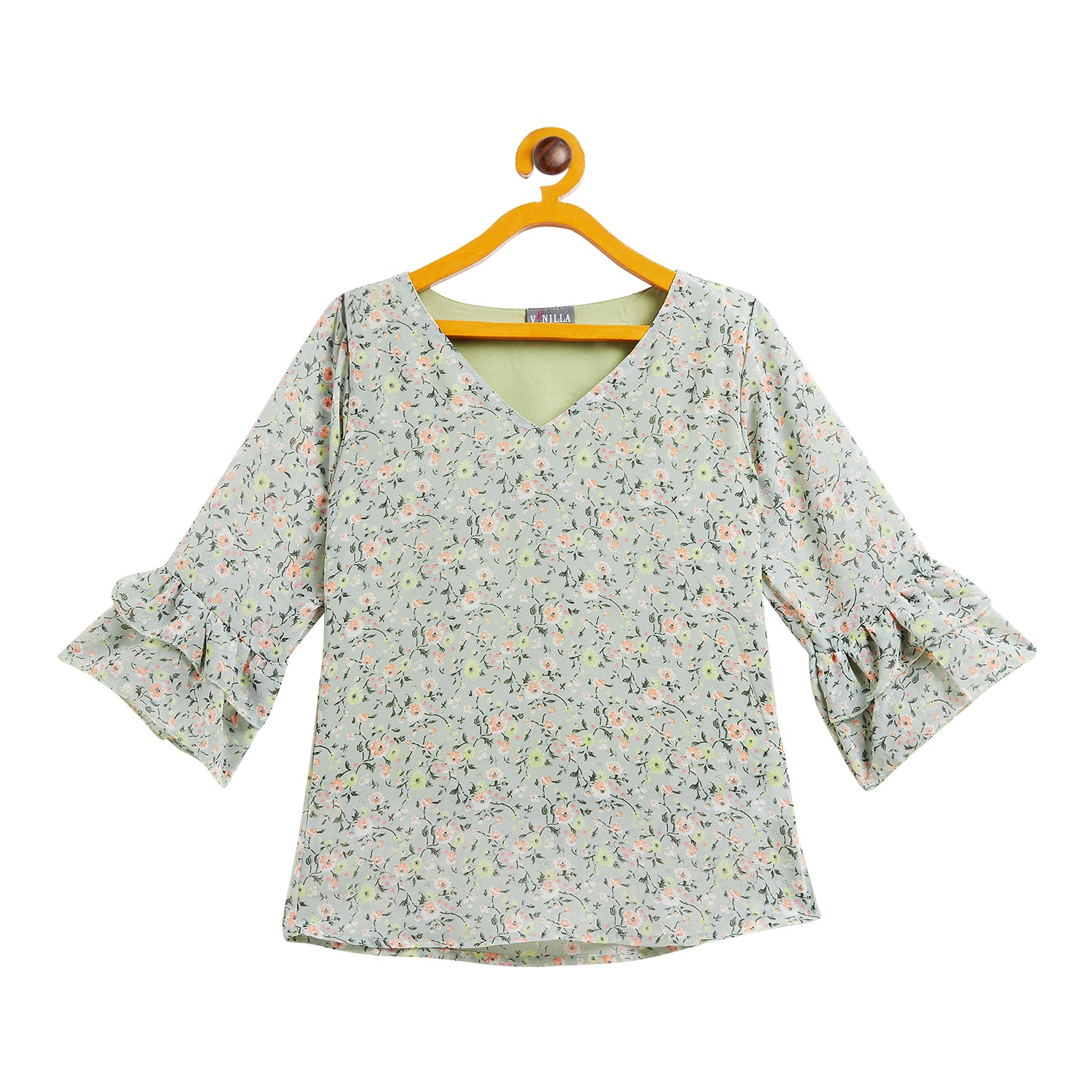 Kids Top with V neck Floral Pattern - Green