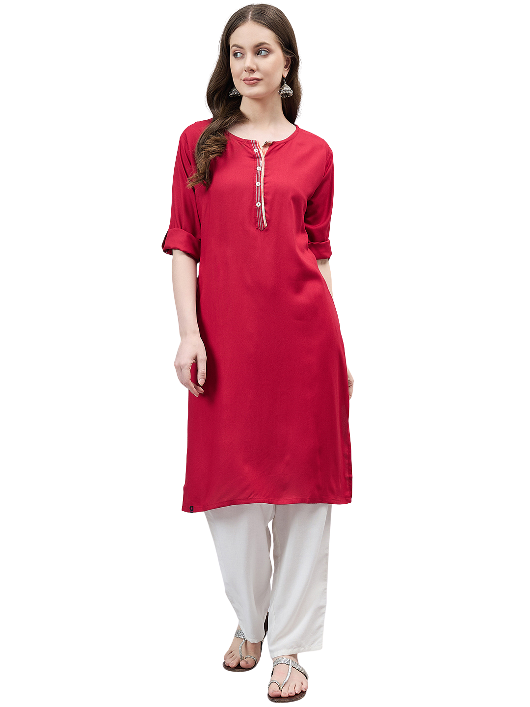 Red Round Neck Straight Fit Rayon Kurti