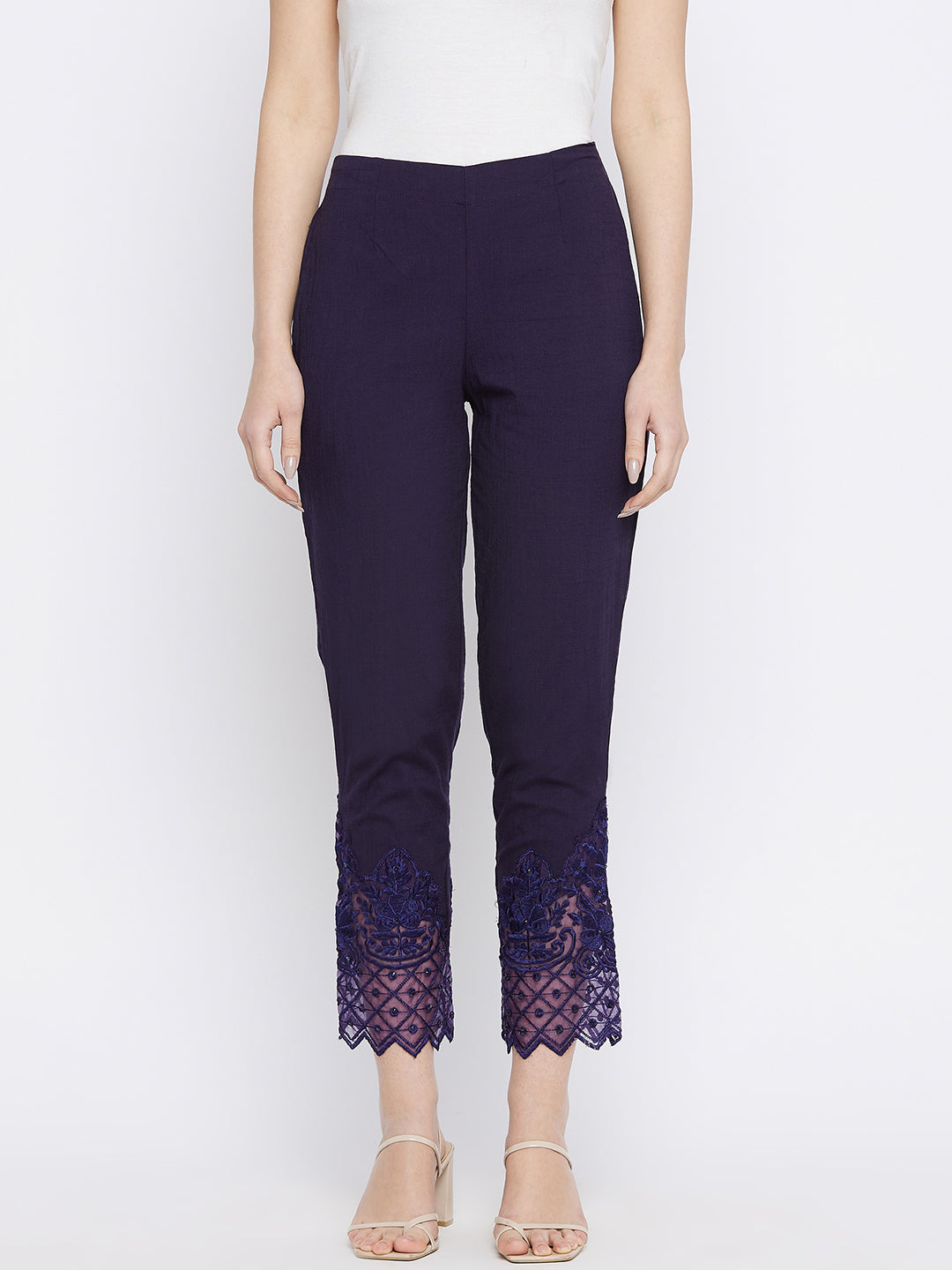 Navy Blue Embroidery Lace Cotton Lycra Pants