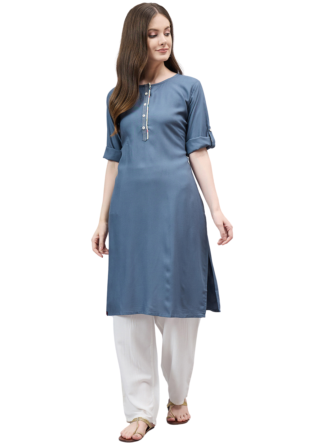 Dark Grey Round Neck Straight Fit Rayon Kurti