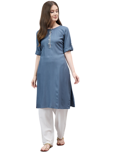 Dark Grey Round Neck Straight Fit Rayon Kurti