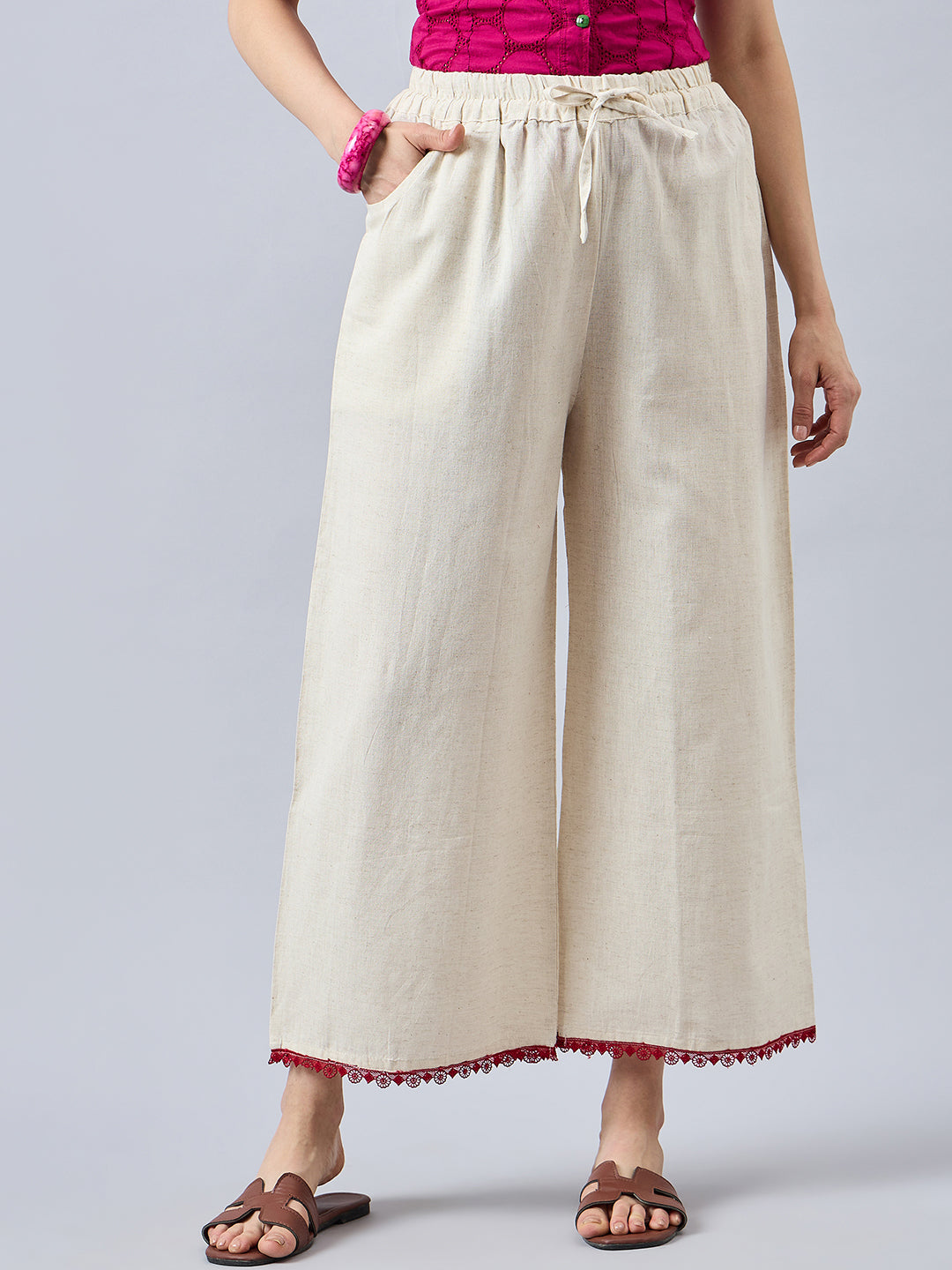 Cotton Palazzo With Maroon Lace Detailing