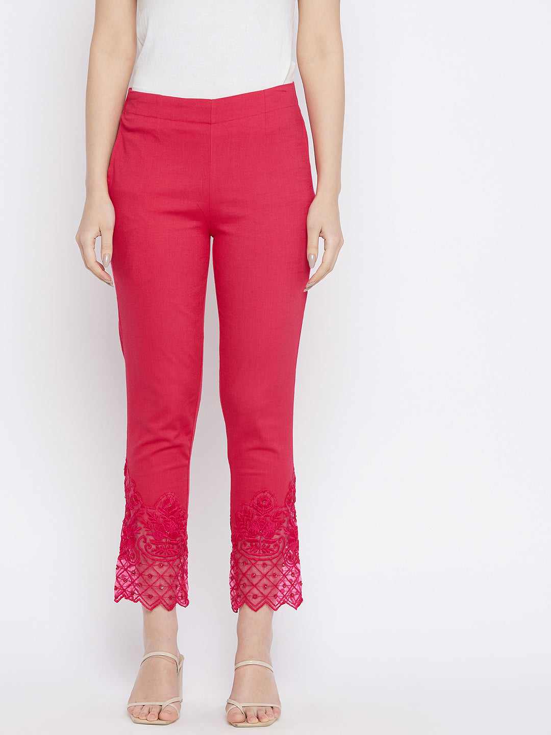 Pink Embroidery Lace Cotton Lycra Pants