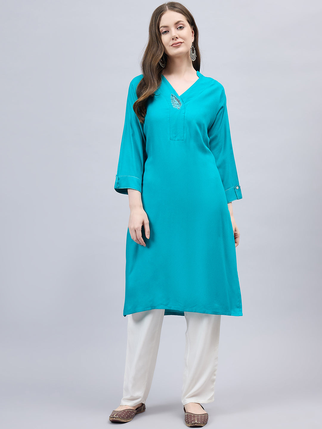 Turquoise V-Neck Straight Fit Rayon Kurti