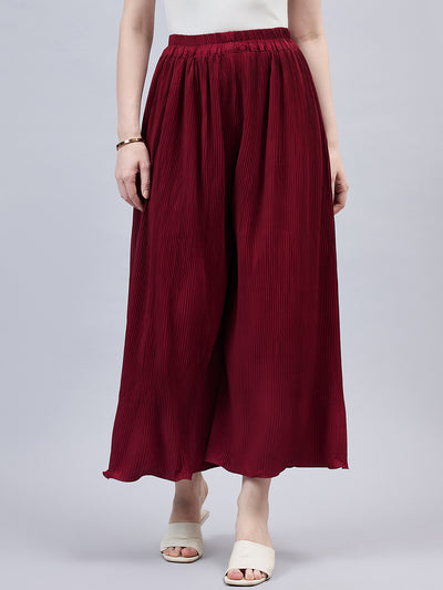 Maroon Pleated Chiffon Palazzo One size