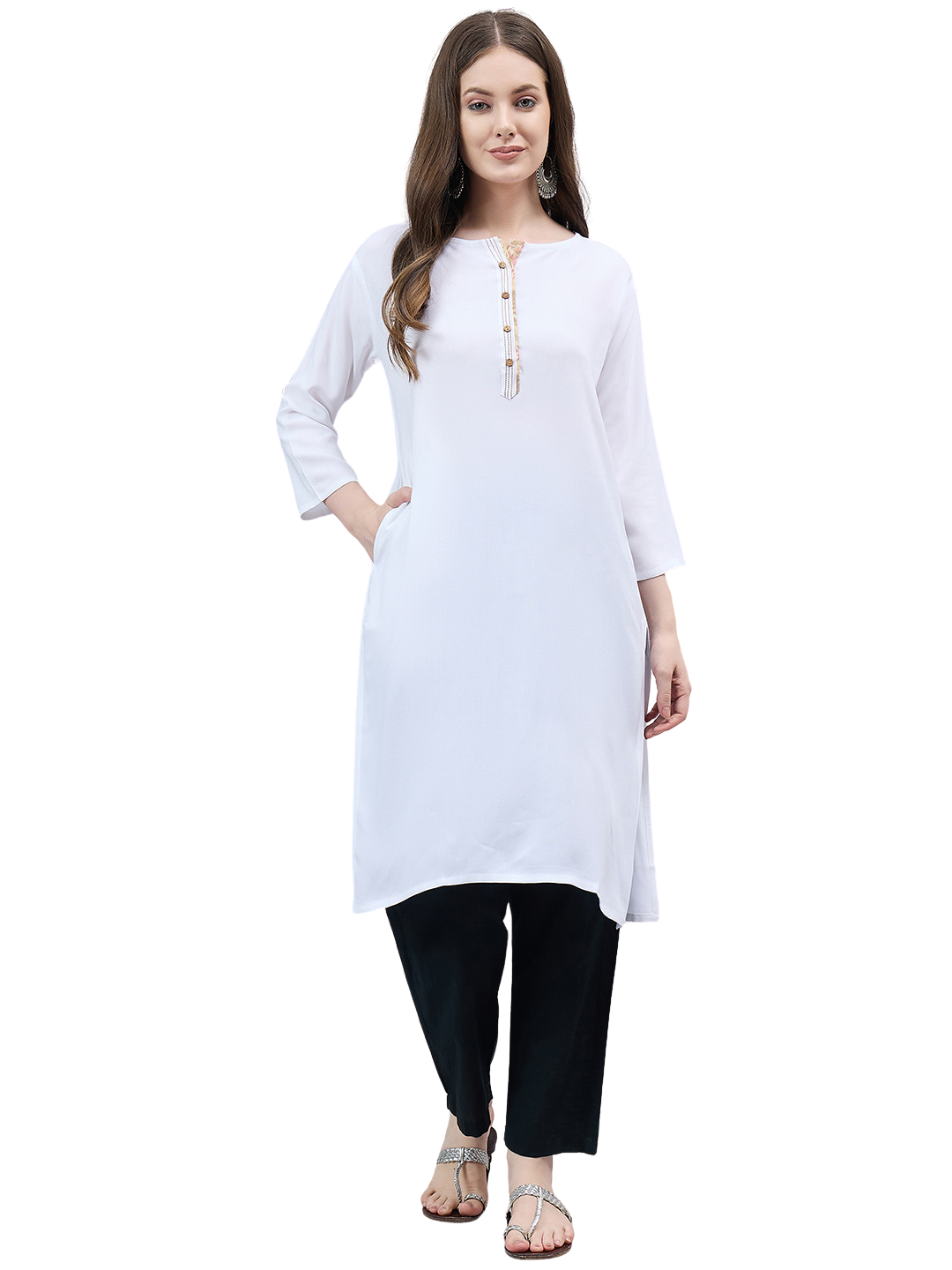 White Round Neck Straight Fit Rayon Kurti