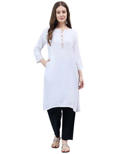 White Round Neck Straight Fit Rayon Kurti