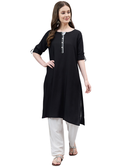 Black Round Neck Straight Fit Rayon Kurti