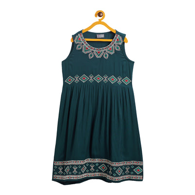 Kids Peacock Green Emb Dress