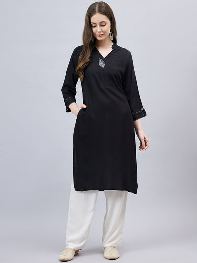 Black V-Neck Straight Fit Rayon Kurti 2XL