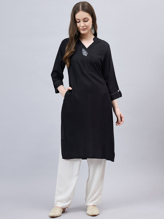 Black V-Neck Straight Fit Rayon Kurti