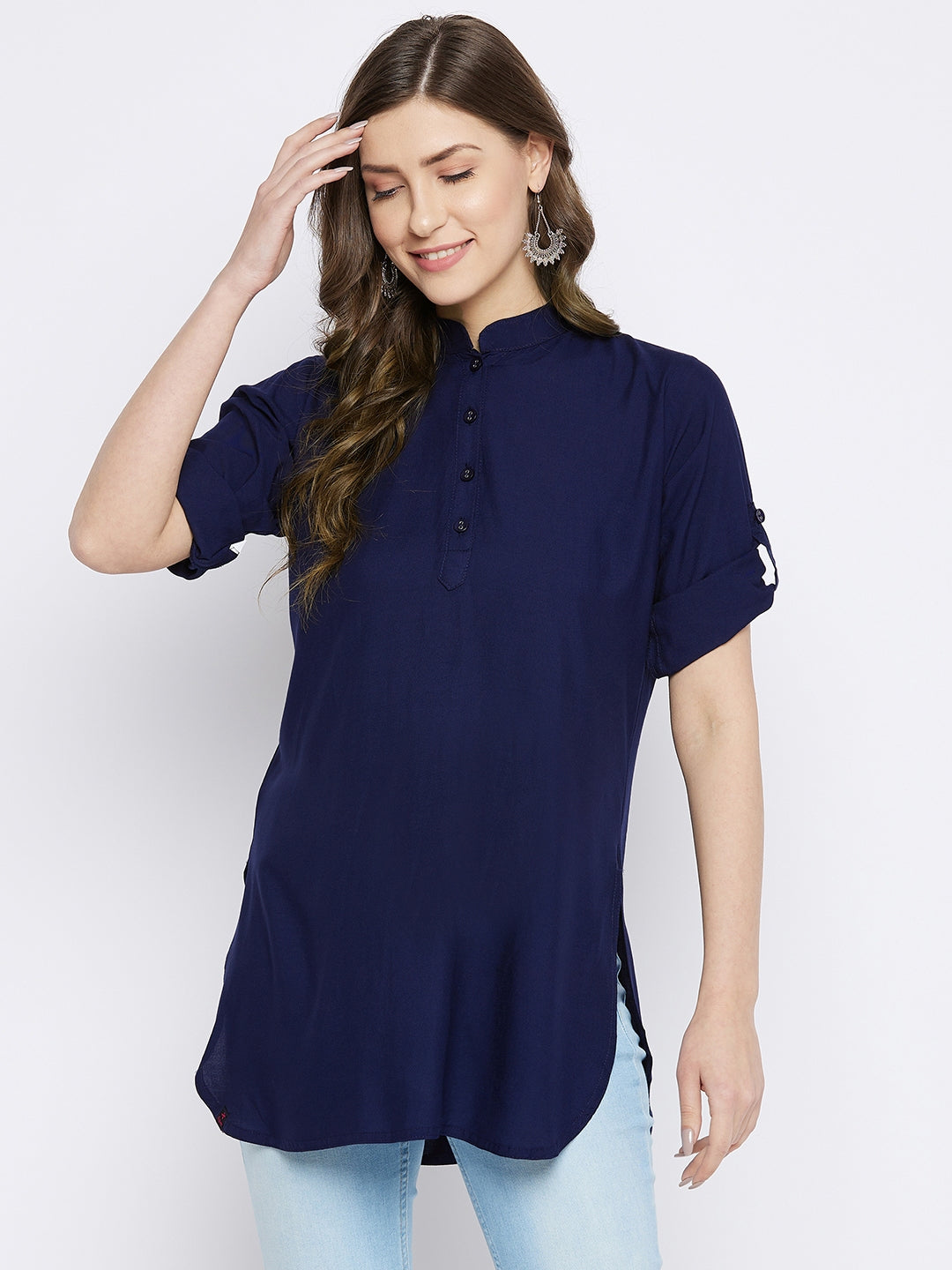 Navy Blue Solid Coloured Short Kurti - 32" Length