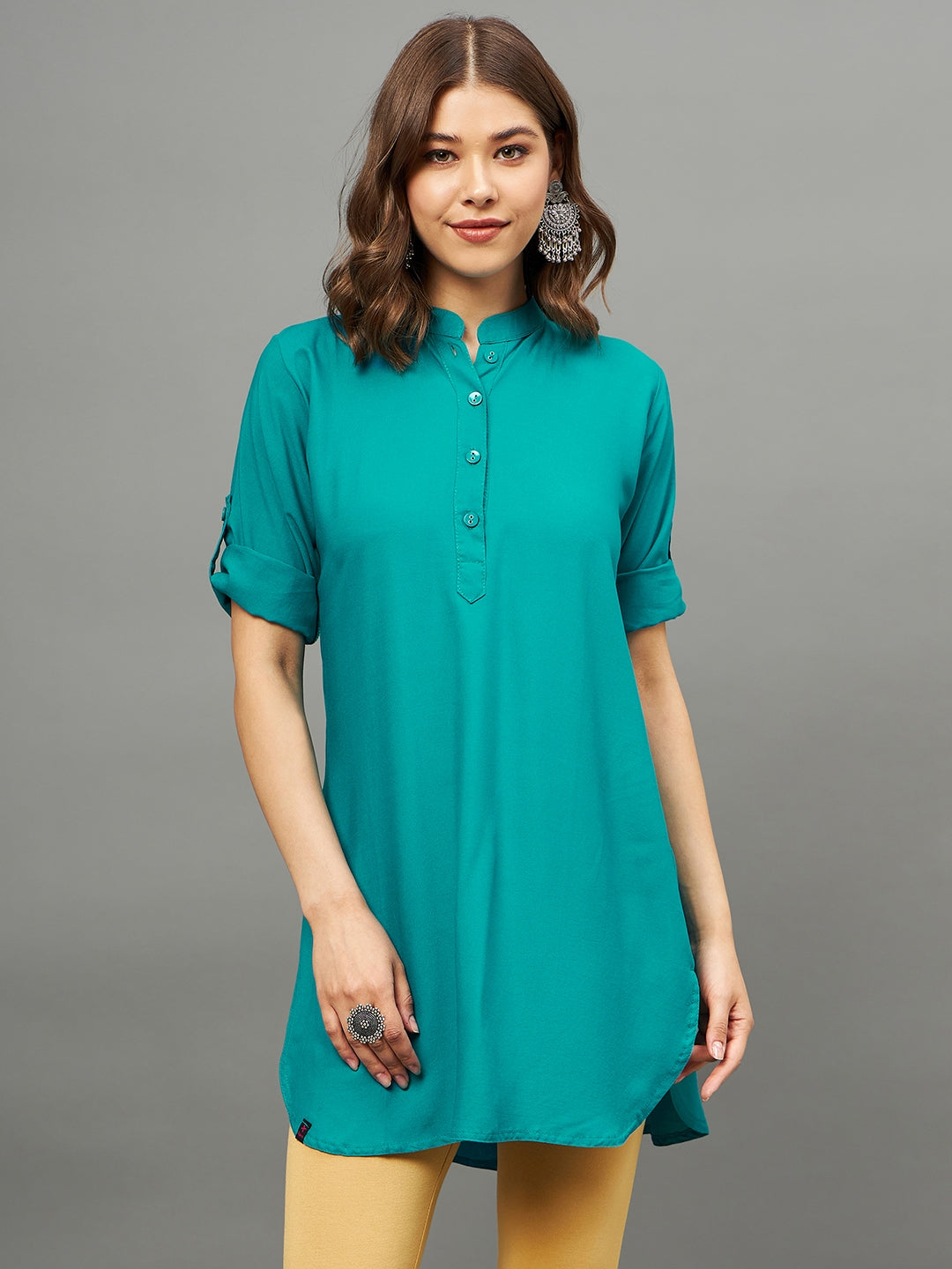 Rama Green Solid Coloured Short Kurti - 32" Length