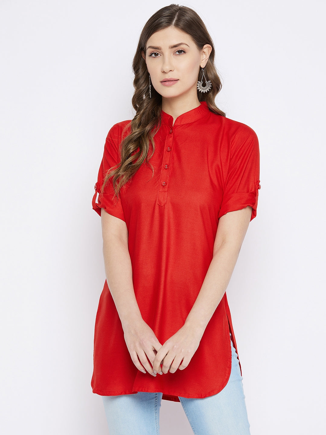 Red Solid Coloured Short Kurti - 32" Length