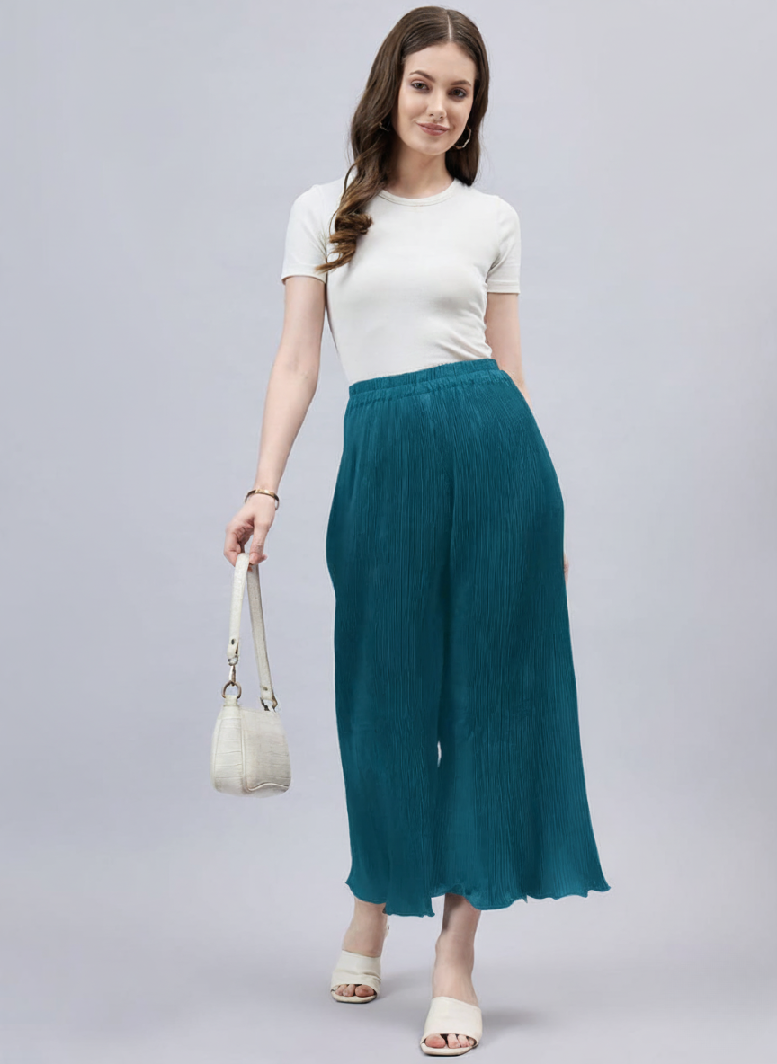 Turquoise Pleated Chiffon Palazzo