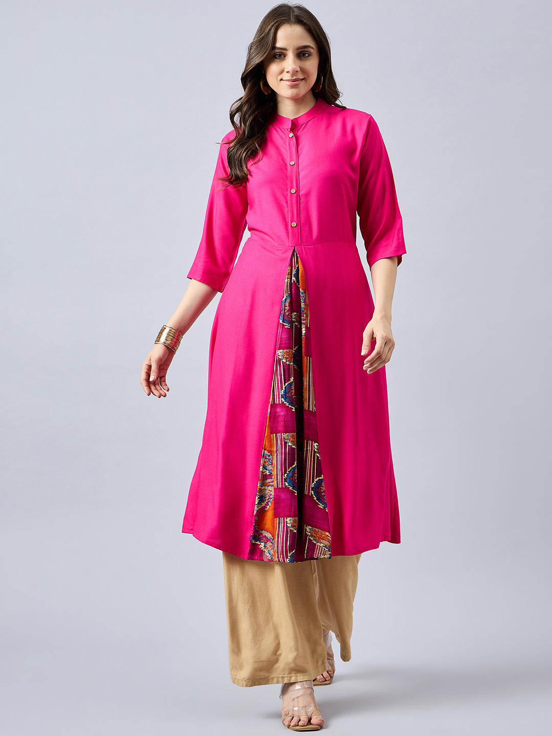 Women Mandarin Collar Anarkali Panelled Rayon Kurta