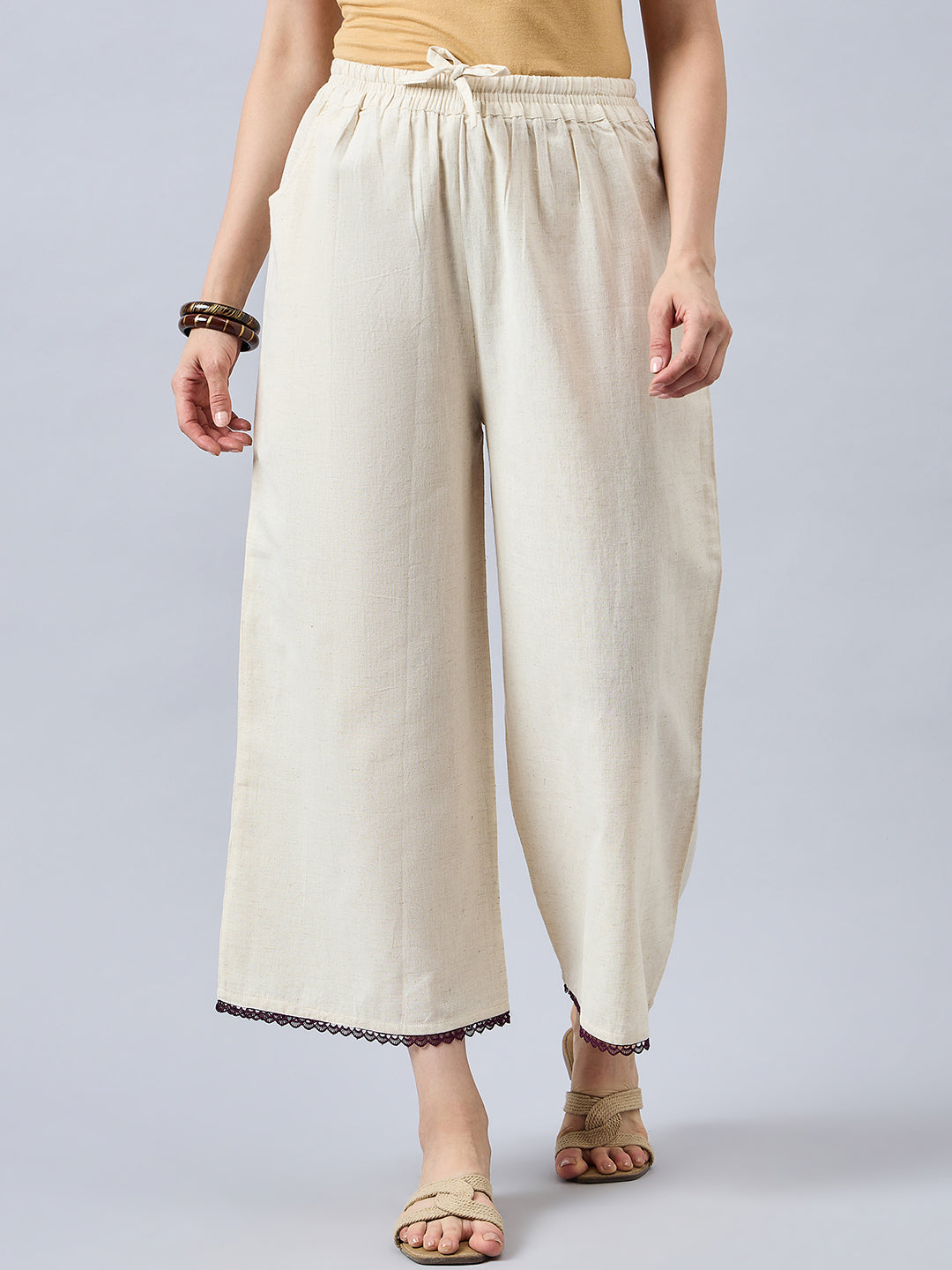 Cotton Palazzo With Wine Lace Detailing
