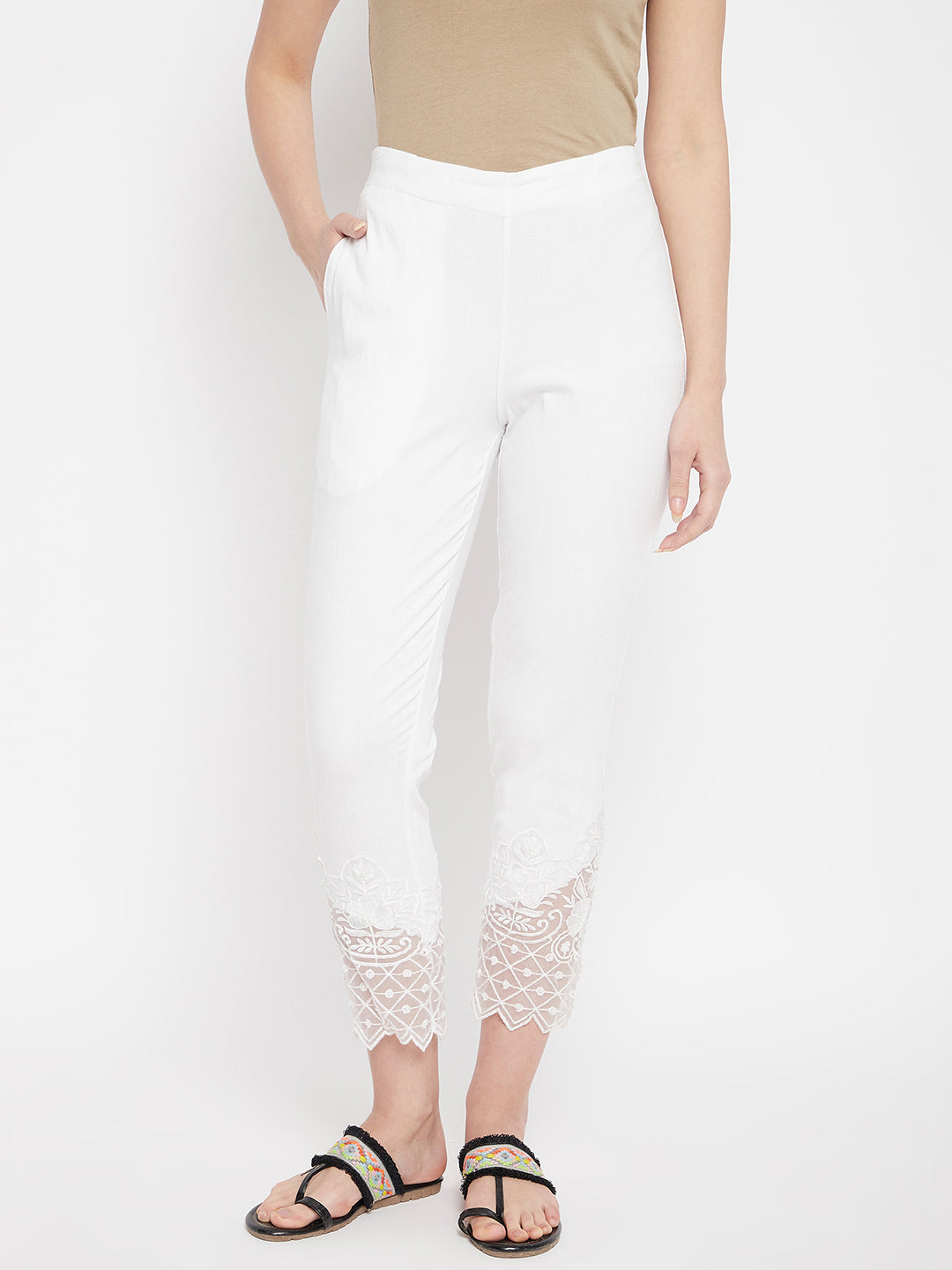White Embroidery Lace Cotton Lycra Pants