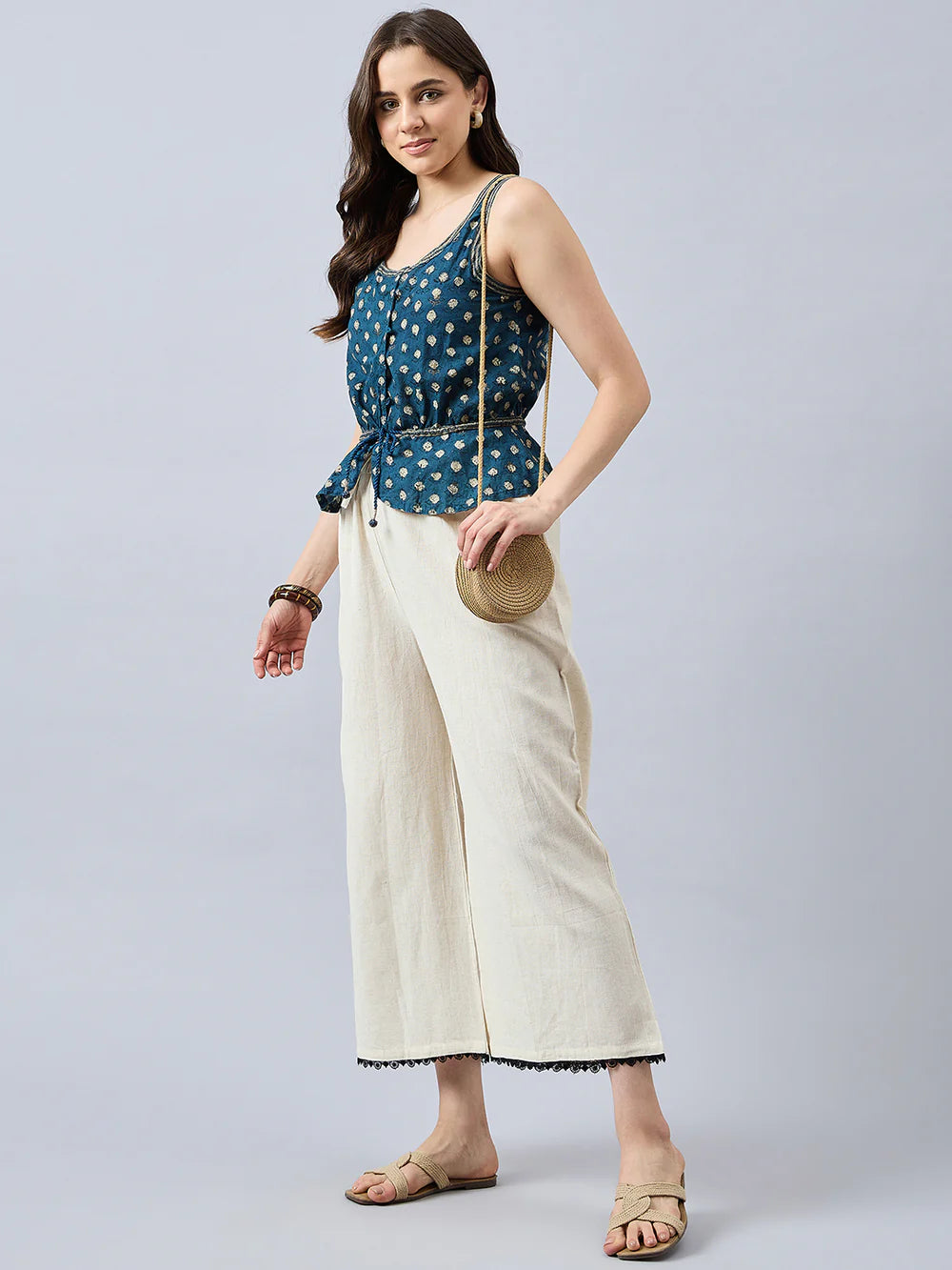 Cotton Palazzo With Turquoise Lace Detailing