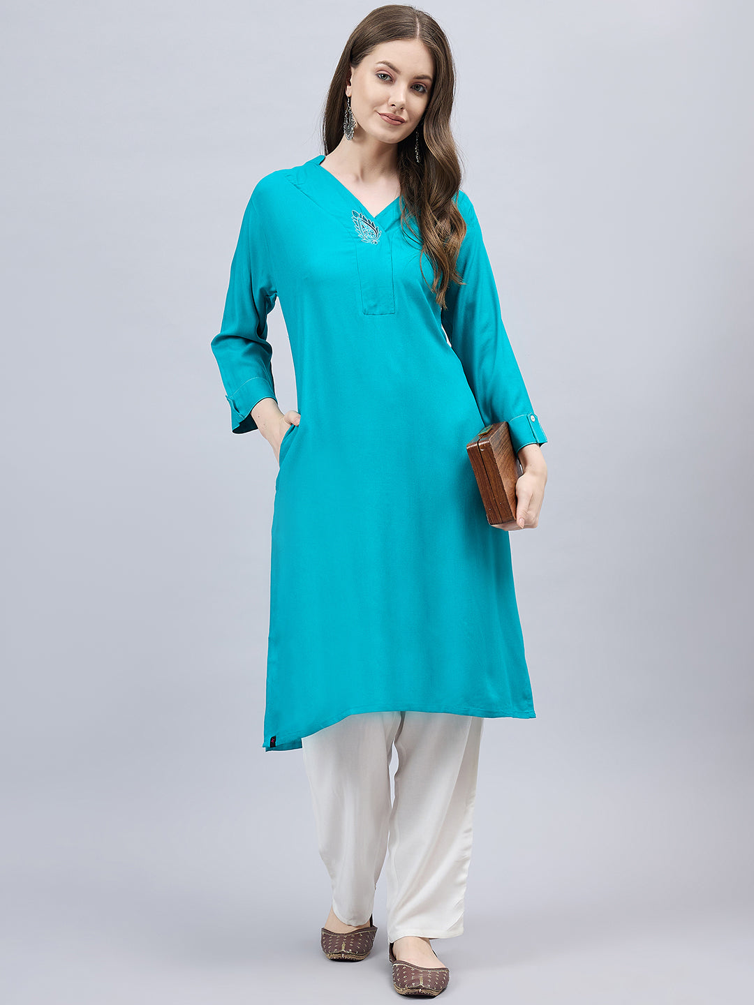 Turquoise V-Neck Straight Fit Rayon Kurti