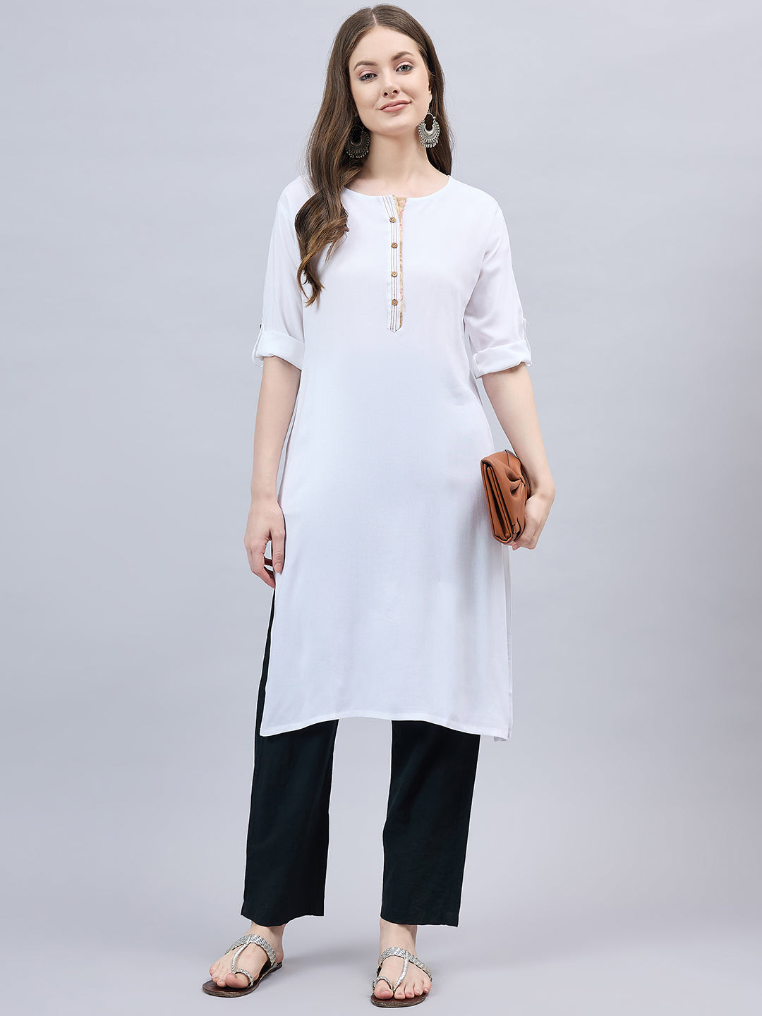 White Round Neck Straight Fit Rayon Kurti
